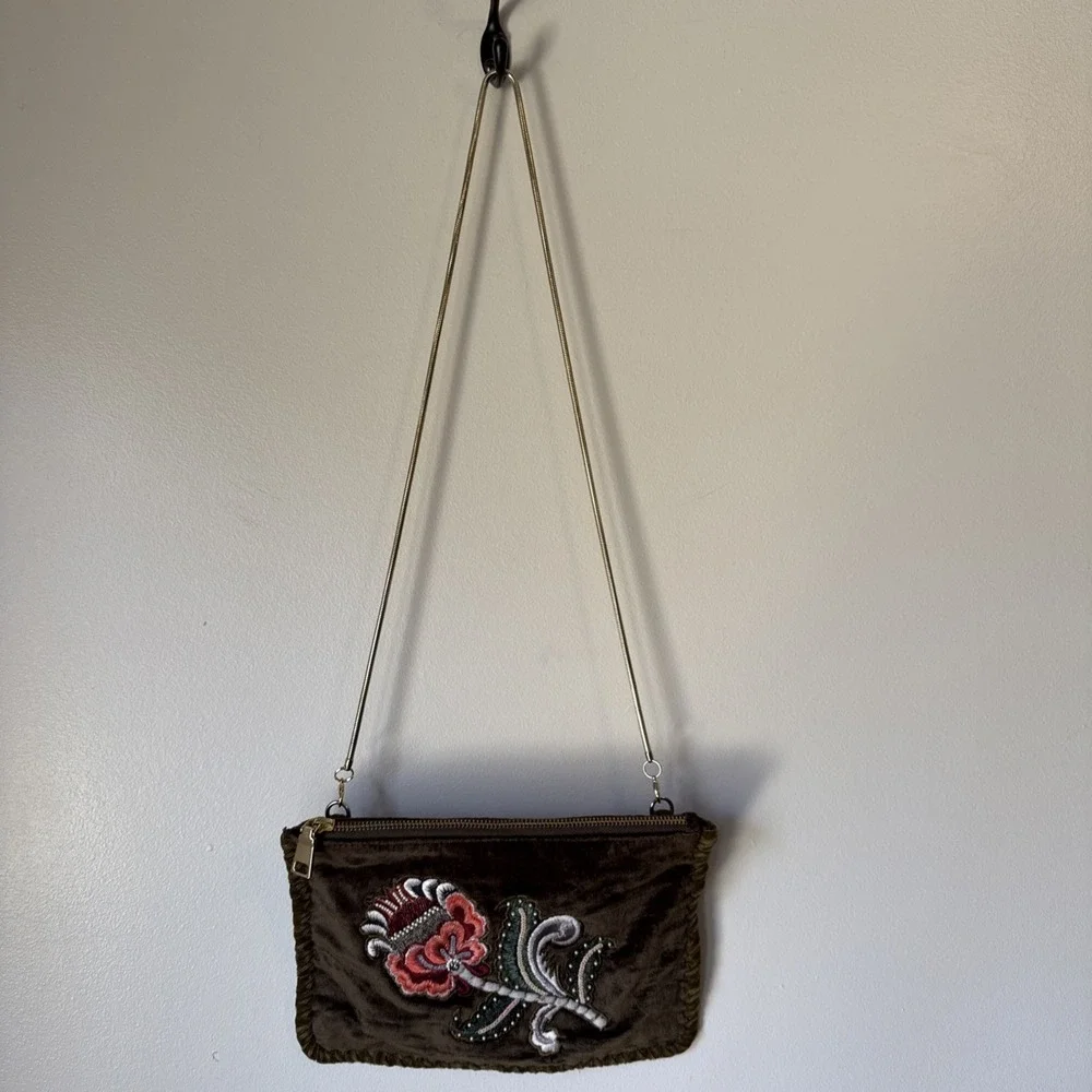 Steve Madden Purse Olive Green Gold Chain Strap Velvet Y2K Hippie Embroidered